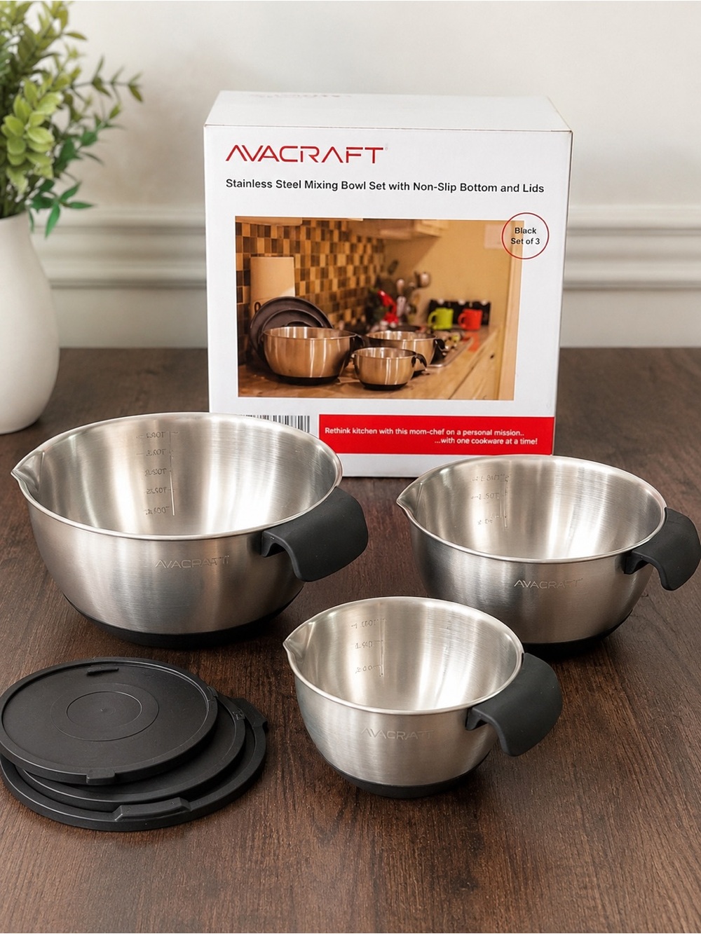 AVACRAFT Stainless Steel Mixing Bowl Set of 3 w/ Lids & Non-Slip Silicone Base